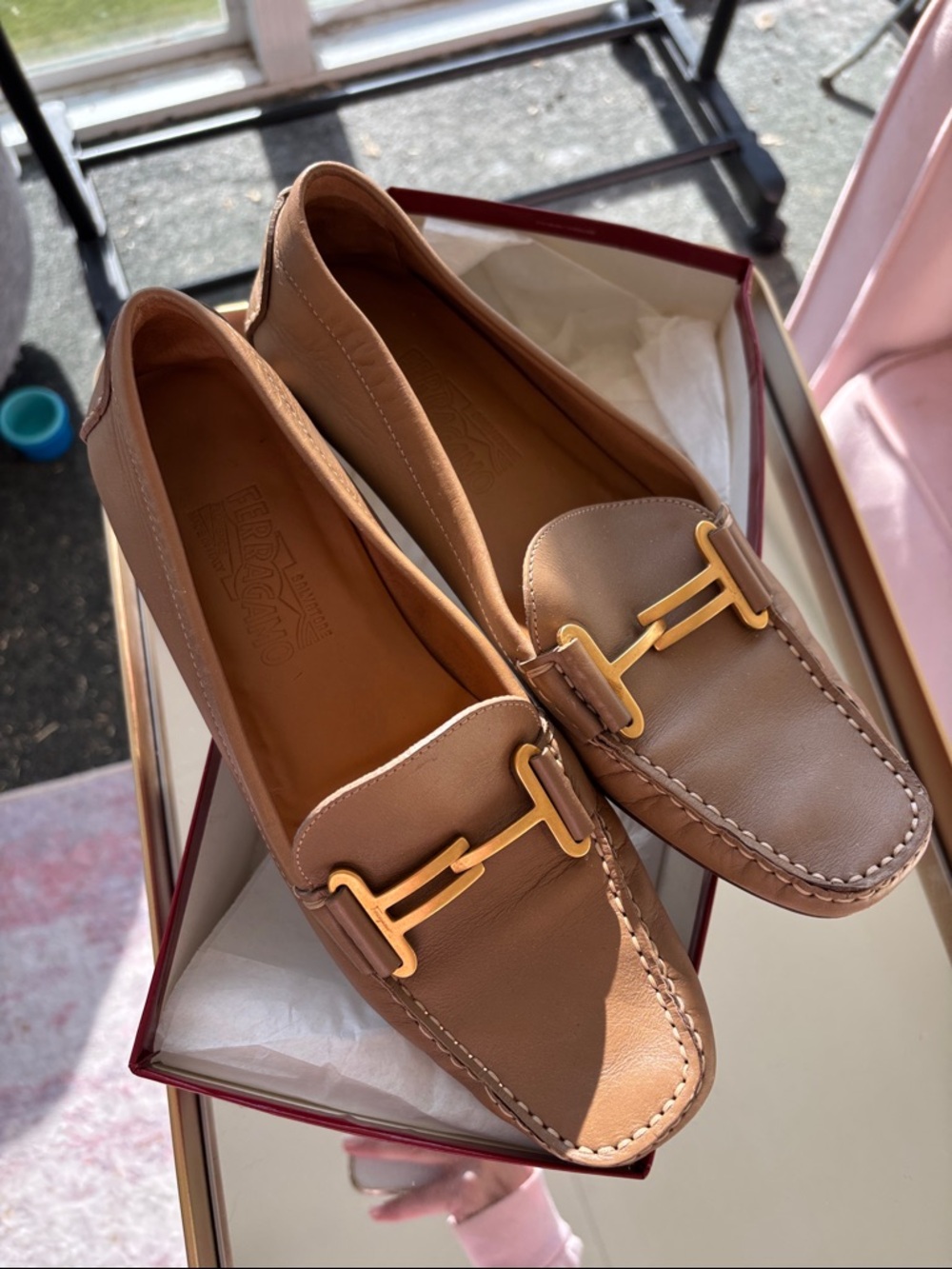 Salvatore Ferragamo Tan Leather Loafers with Gold Horsebit